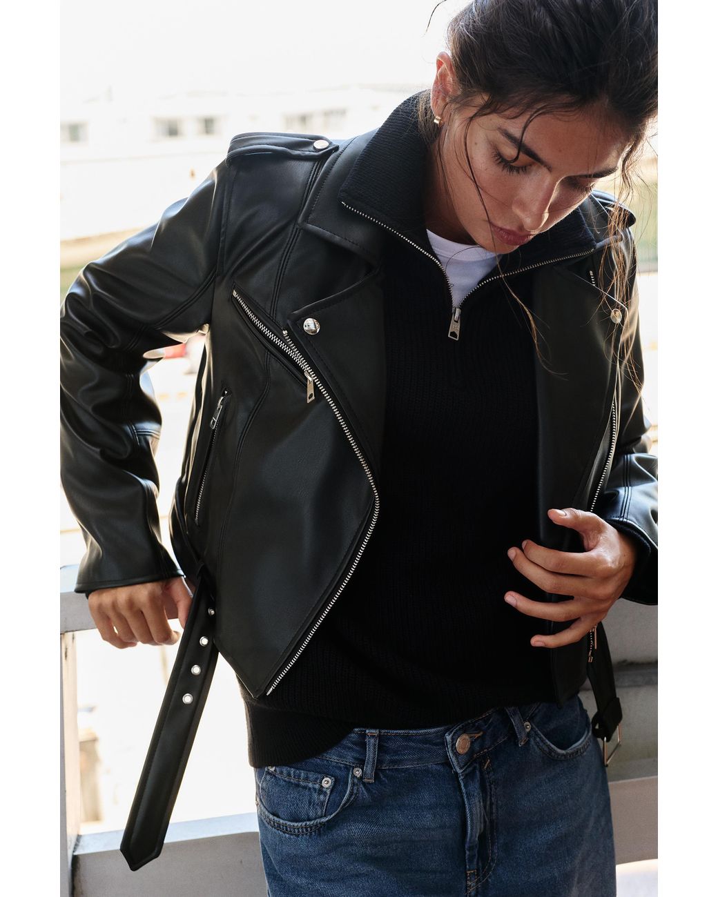 Pull&Bear Black Leather Effect Biker Jacket