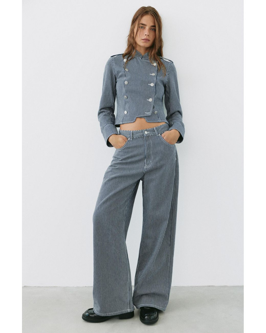 Pull&Bear Gestreept Denim Jack Met Knopen in het Gray