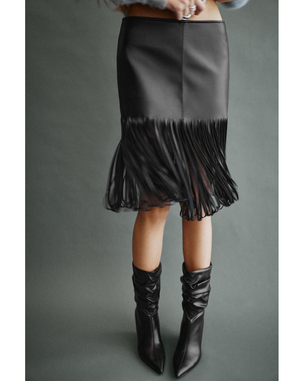 Pull&Bear Gray Leather Effect Fringe Skirt