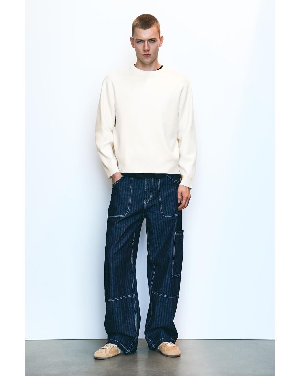 Pull&Bear White Soft Round Neck Jumper for men