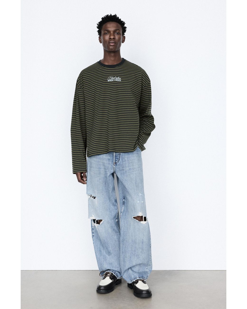 Pull&Bear Gray Striped T-Shirt With Text for men