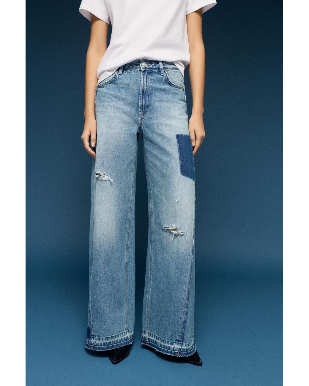 Pull&Bear Blue Patchwork Wide-Leg Jeans