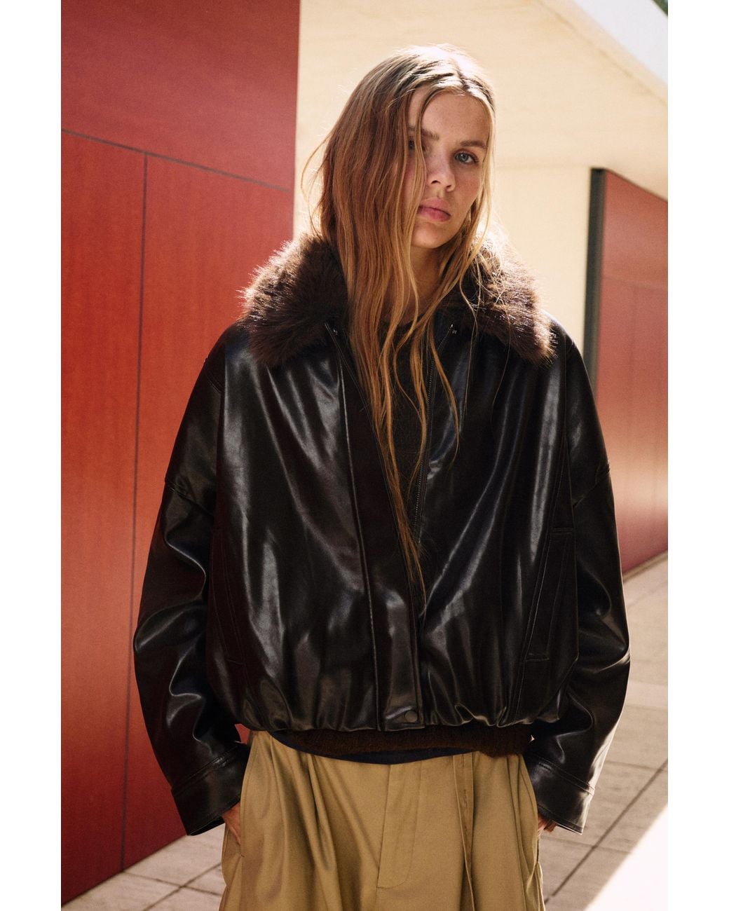 Pull&Bear Black Leather Effect Jacket With Fur Collar