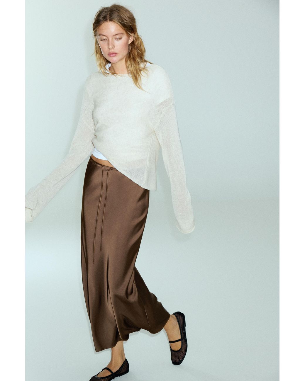 Pull&Bear Blue Satin Drawstring Midi Skirt