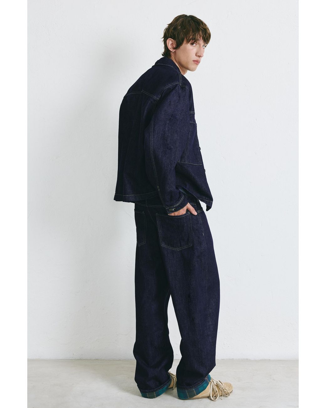 Pull&Bear Blue Checked Turn-Up Hem Jeans for men