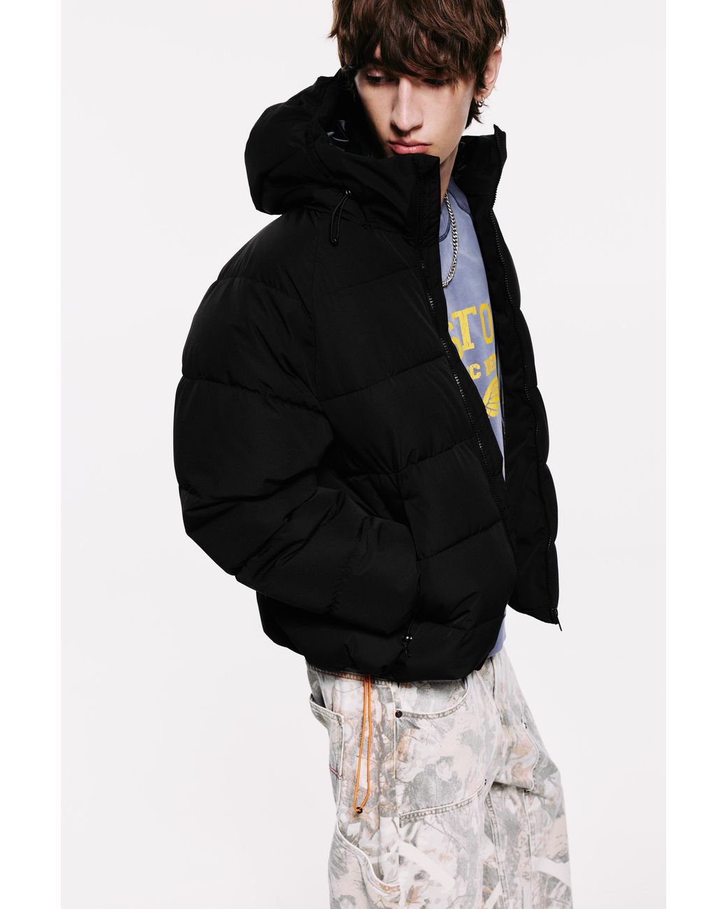 Pull&Bear Black Quilted Jacket With Hood for men