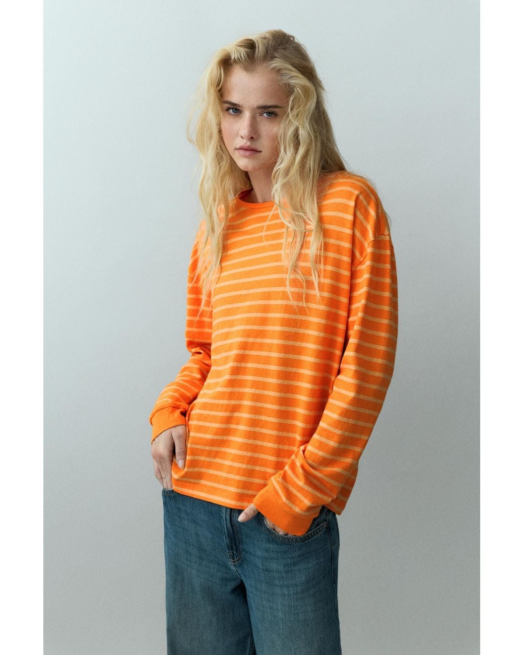 Pull&Bear Orange Striped Long Sleeve T-Shirt