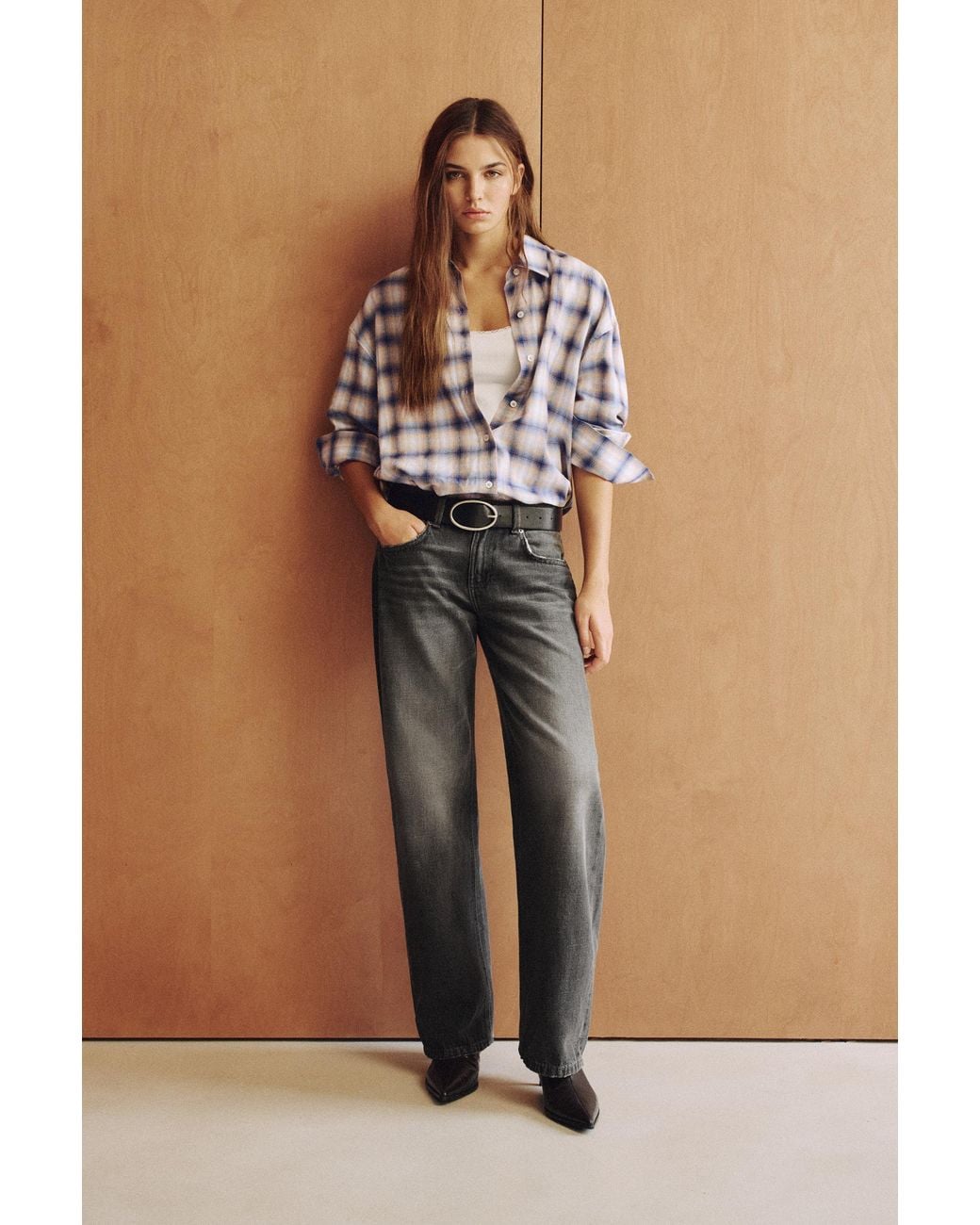 Pull&Bear Gray Check Long Sleeve Shirt