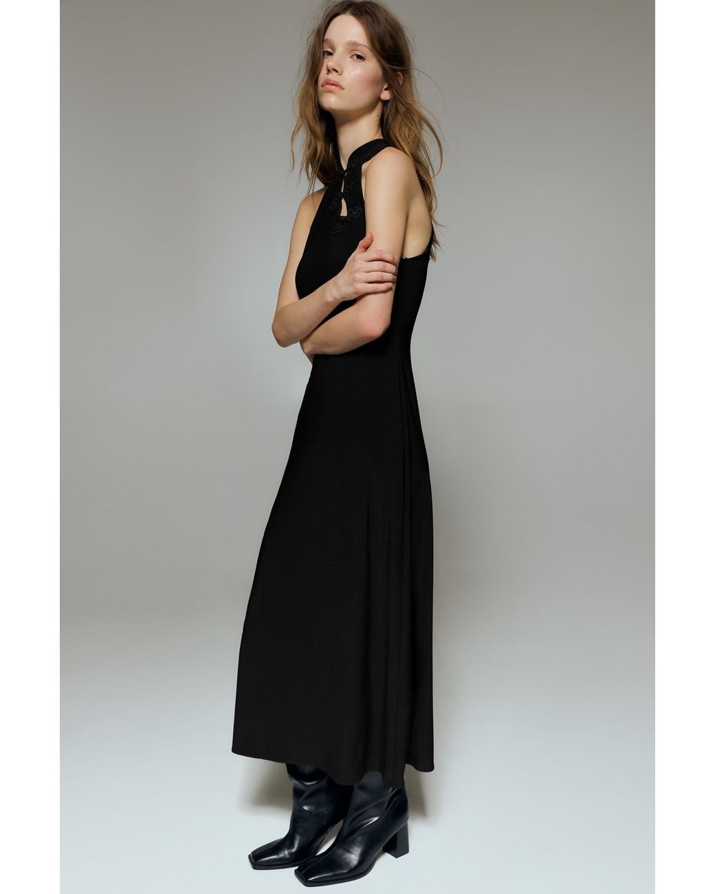 Pull&Bear Black Halter Midi Dress With Fireman Clasps