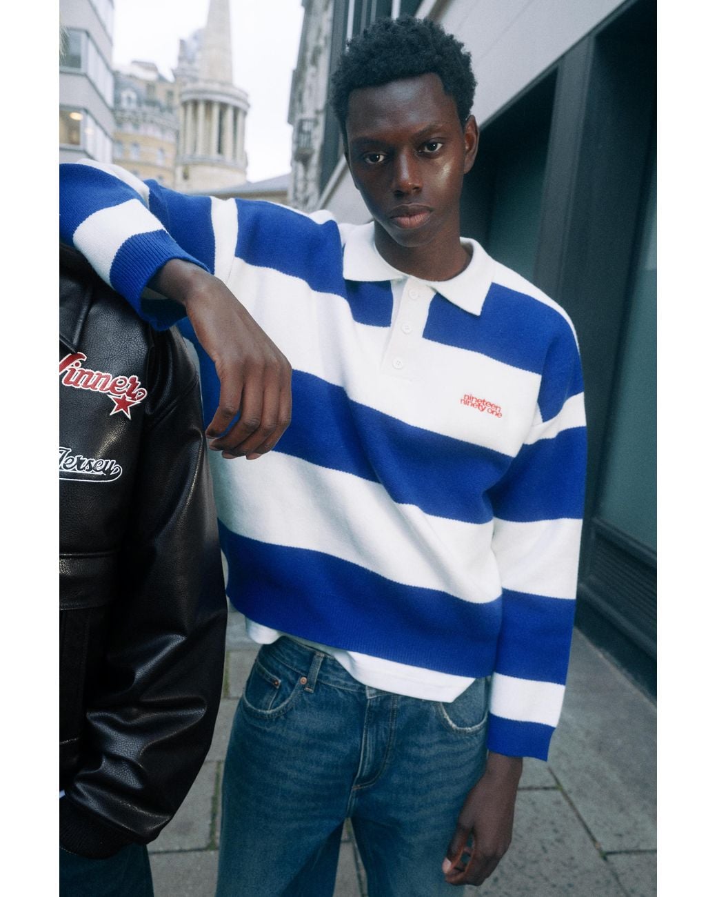 Pull&Bear Blue Long Sleeve Striped Knit Polo Shirt for men