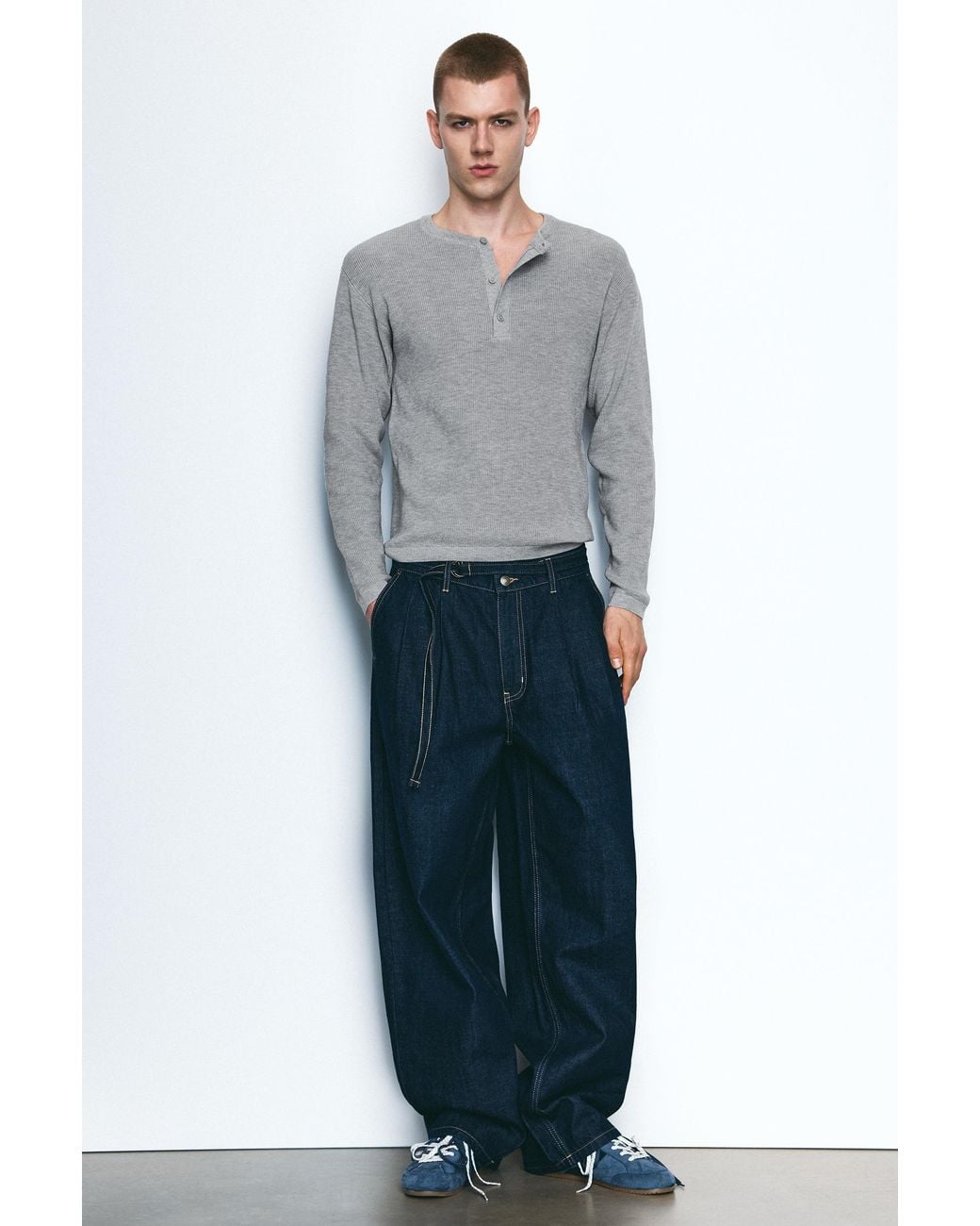 Pull&Bear Gray Henley Collar Jumper for men