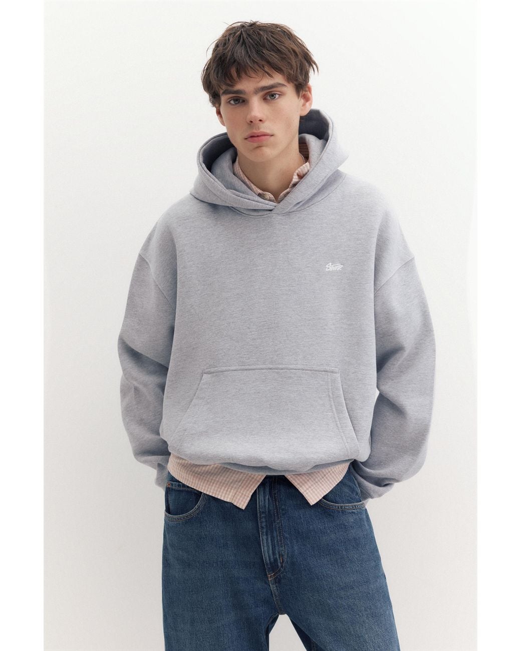 Pull&Bear Gray Stwd Logo Boxy Hoodie for men
