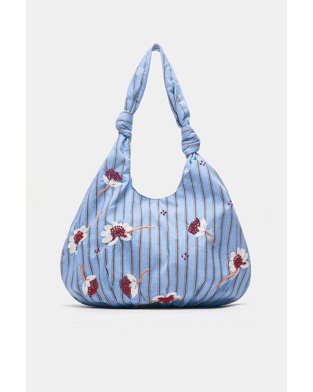 Pull&Bear White Striped Floral Tote Bag