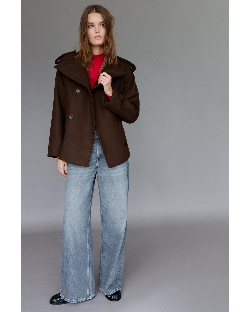 Pull&Bear Brown Short Felt Trench Coat With Belt