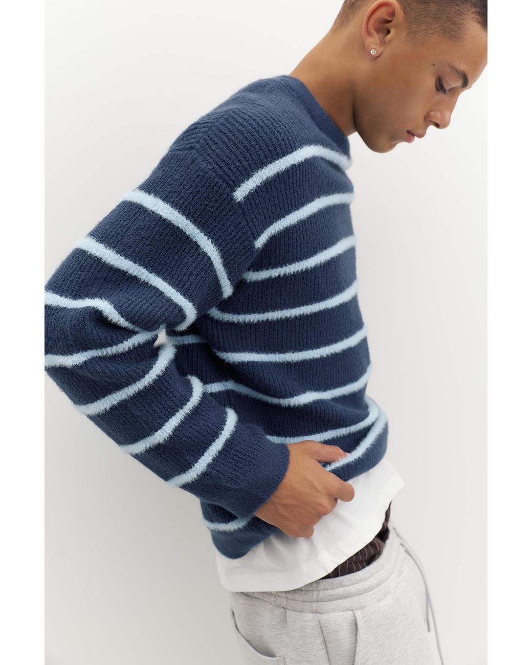 Pull&Bear Blue Embroidered Striped Jumper for men