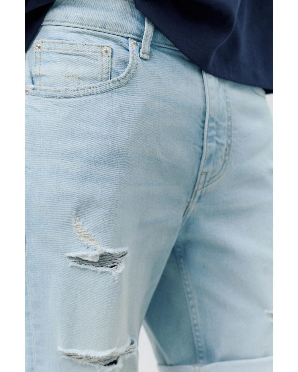 Pull&Bear Blue Ripped Denim Bermuda Shorts for men
