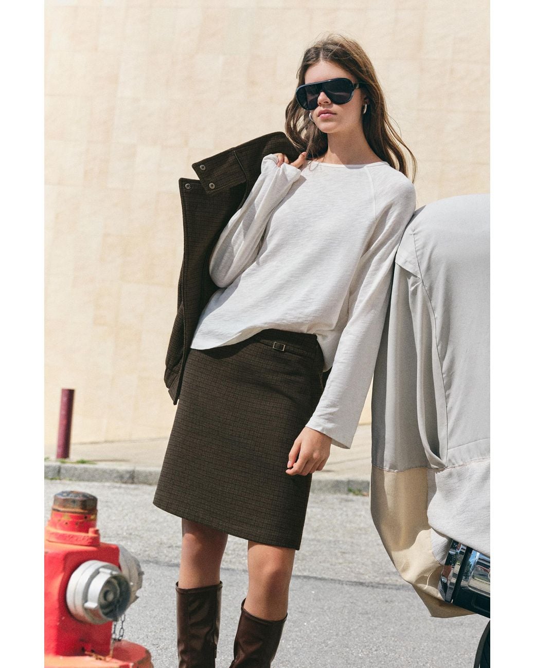 Pull&Bear Brown Check Midi Skirt With Belt
