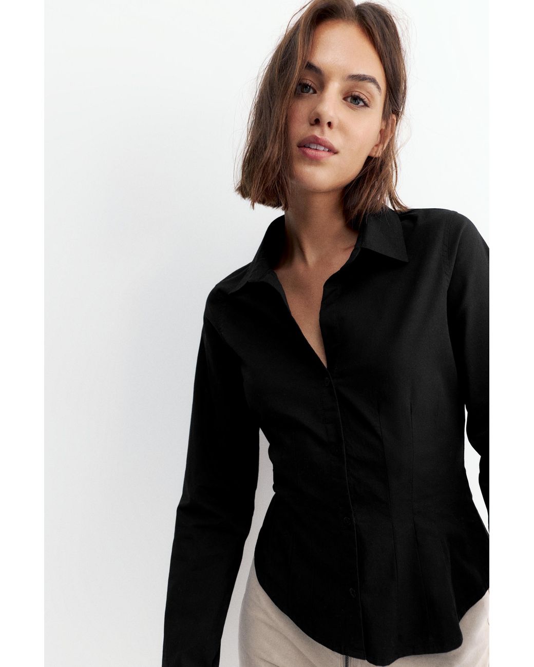 Pull&Bear Black Fitted Wide-Cuff Shirt