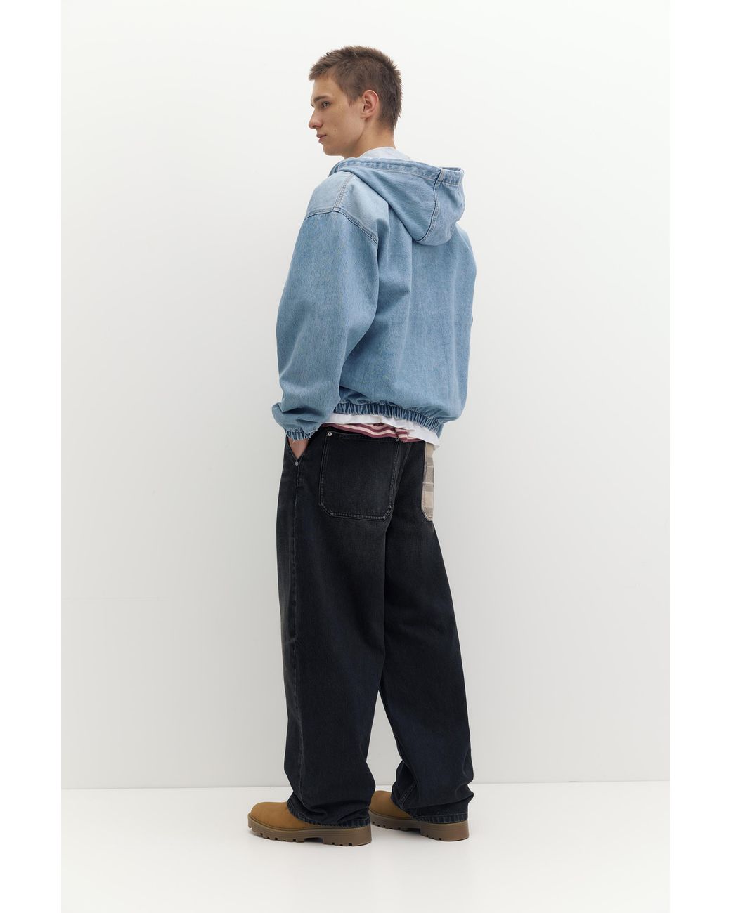 Pull&Bear Blue Stwd Hooded Zip-Up Denim Jacket for men