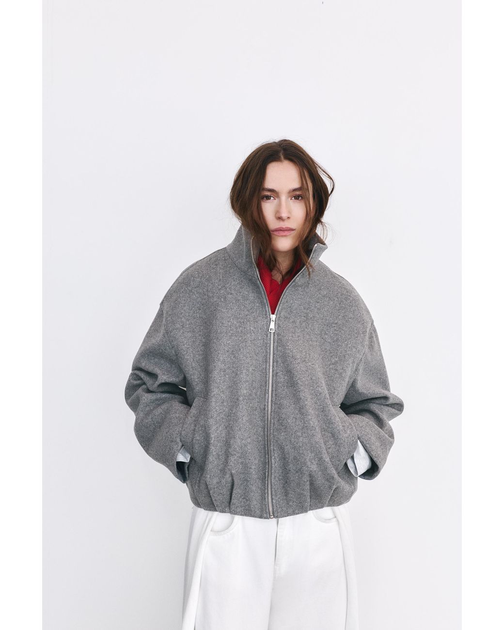 Pull&Bear Gray Wool Balloon Bomber Jacket