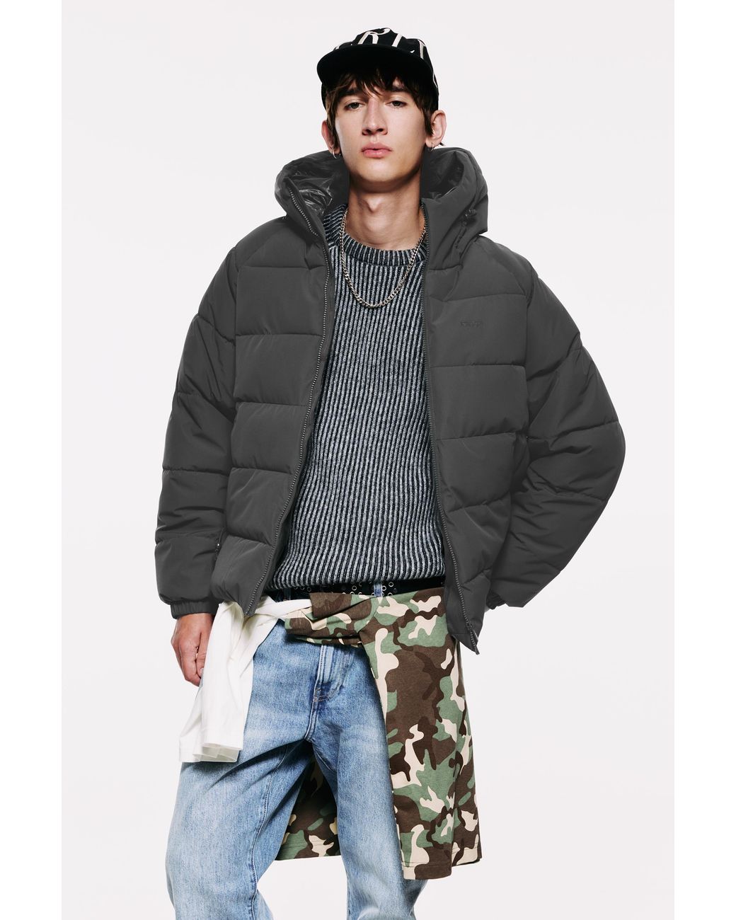 Pull&Bear Gray Quilted Jacket With Hood for men
