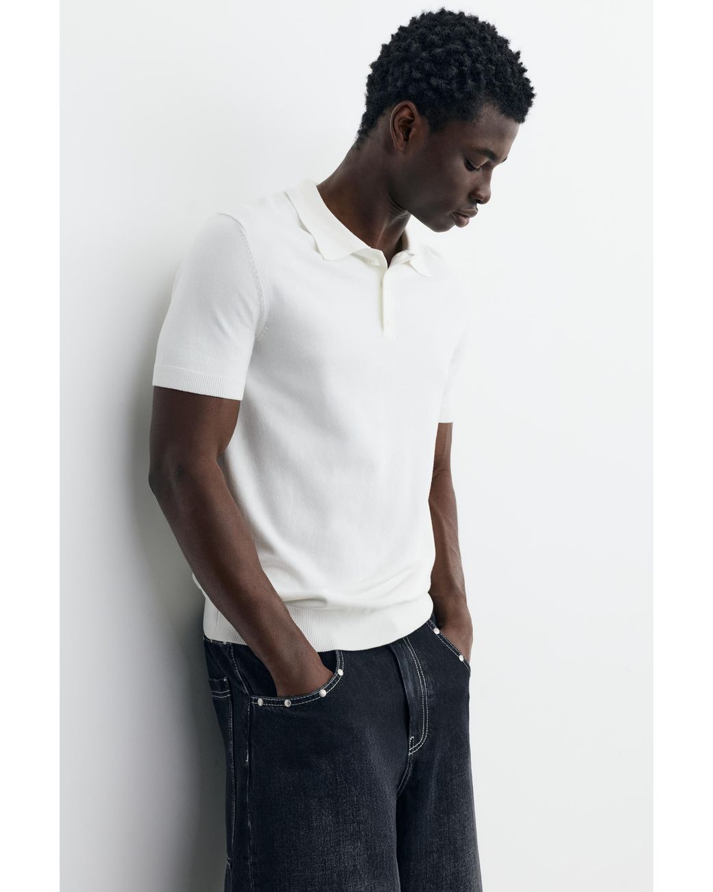 Pull&Bear White Short Sleeve Knit Polo Shirt for men