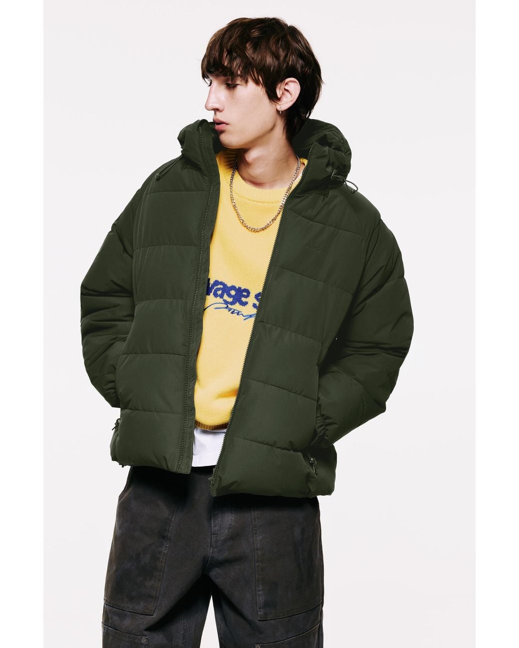 Pull&Bear Green Quilted Jacket With Hood for men