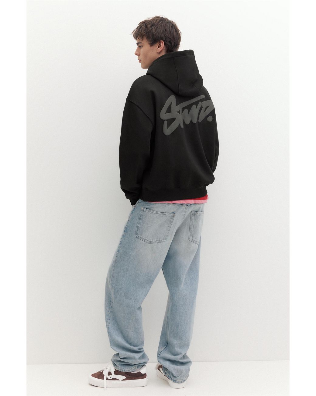 Pull&Bear Black Stwd Logo Boxy Hoodie for men