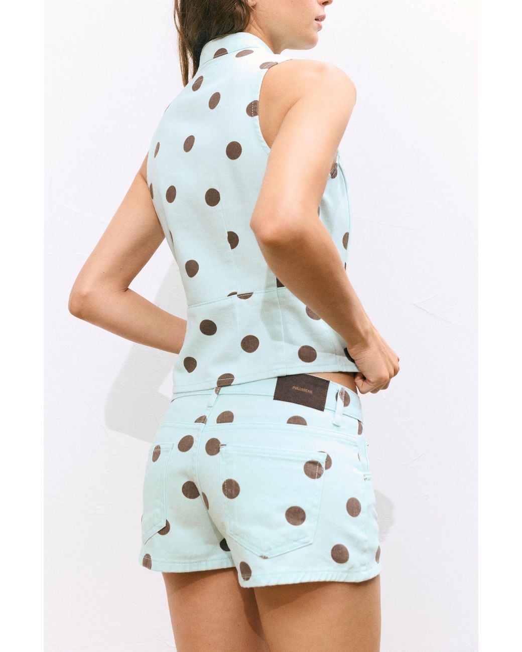 Pull&Bear Green Polka Dot Denim Mini Shorts