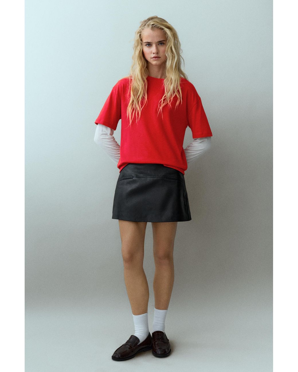 Pull&Bear Red Leather Effect Mini Skirt