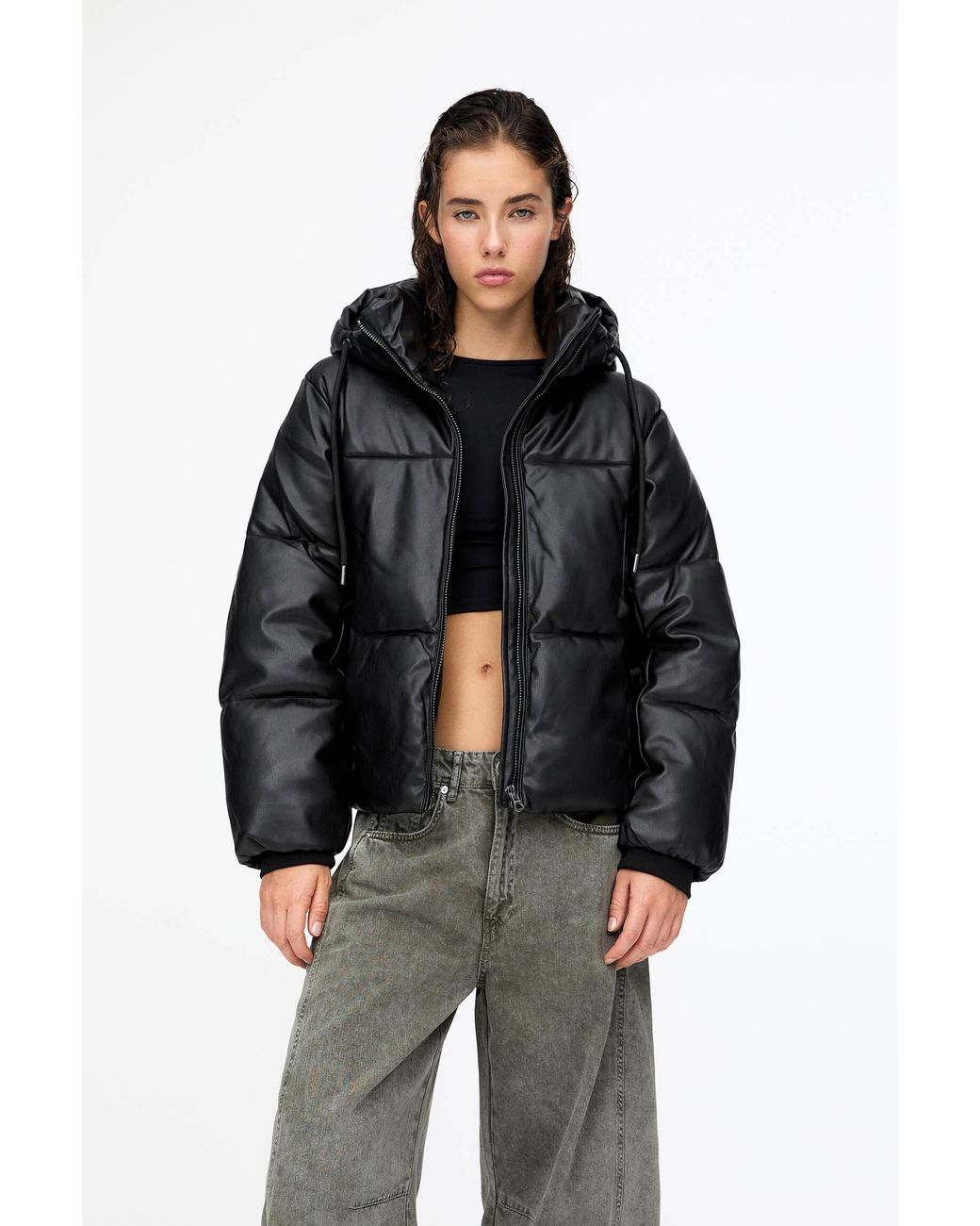 Pullandbear Pull And Bear Leather Puffer Jacket Pull&Bear Faux