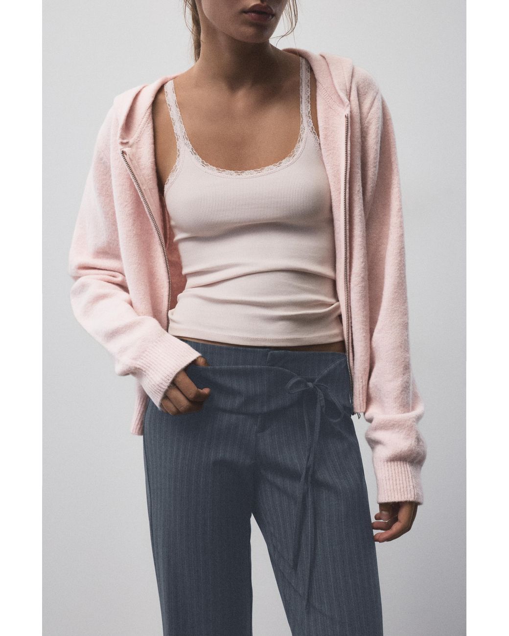 Pull&Bear Gray Striped Flared Trousers With Belt