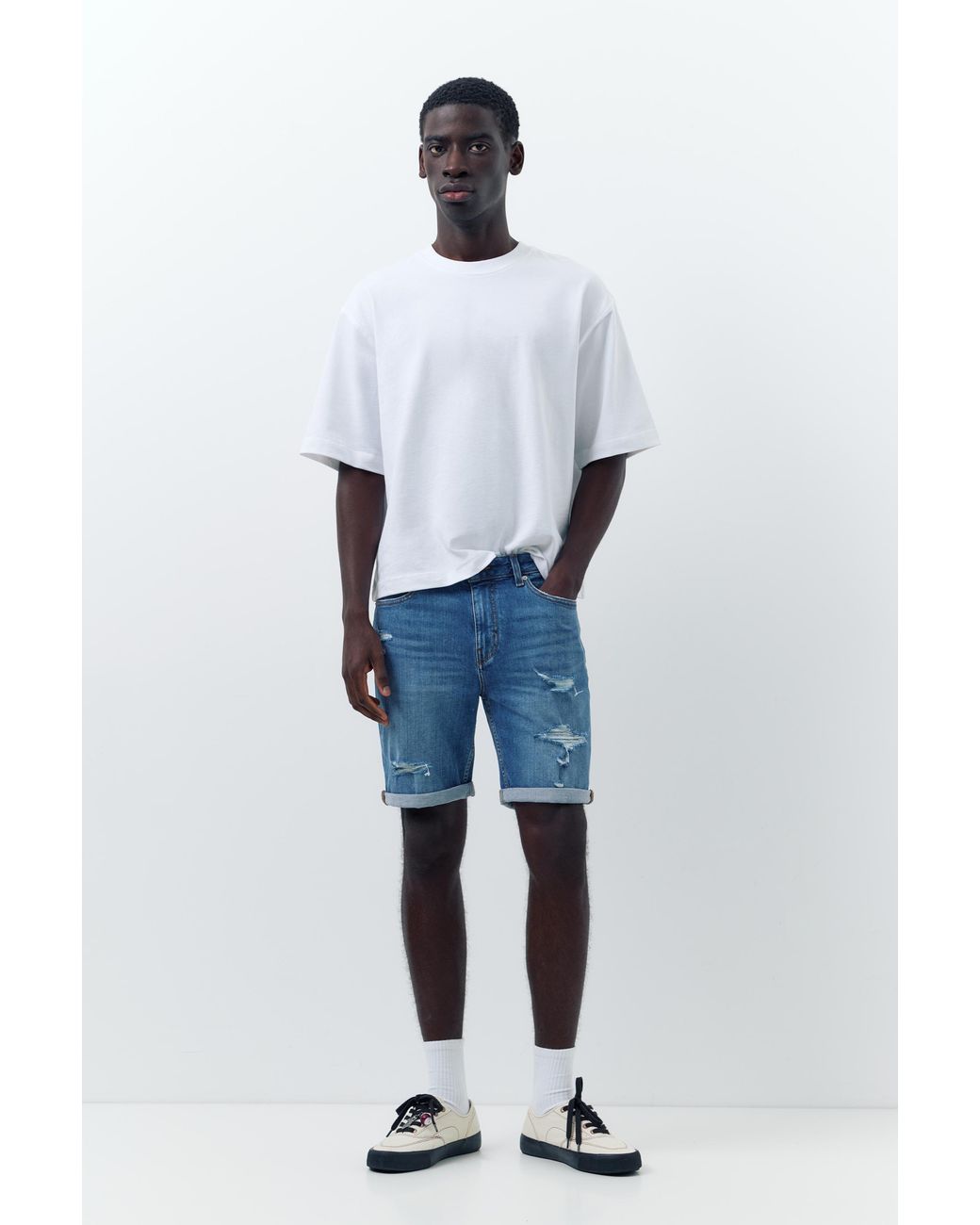 Pull&Bear Blue Ripped Denim Bermuda Shorts for men