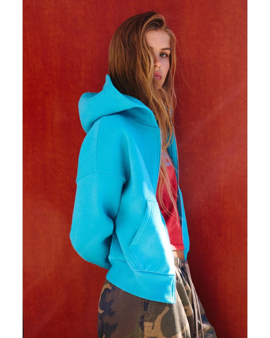 Sweat À Capuche Zippé En Daim Pull&Bear en coloris Red