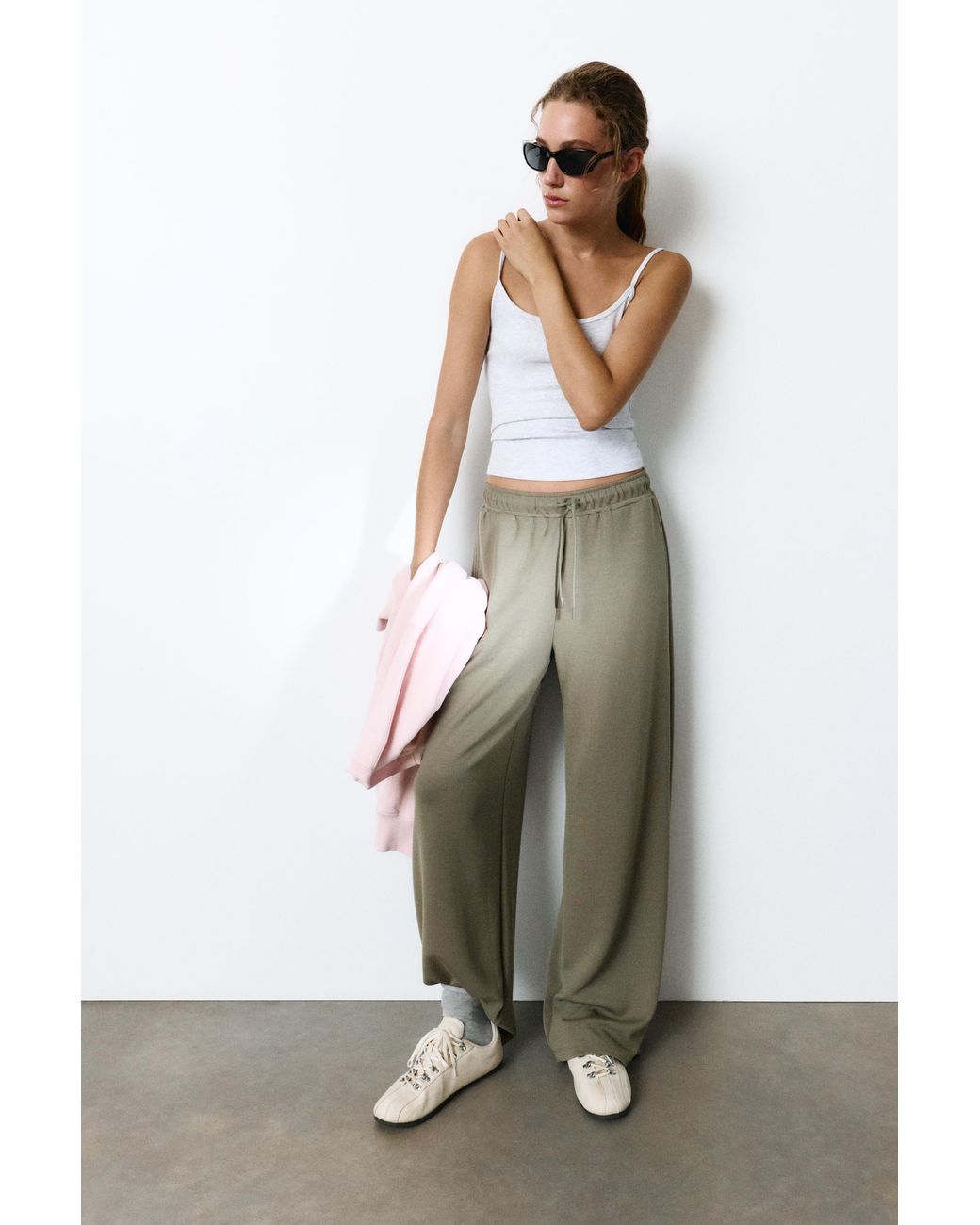 Pull&Bear Green Modal Wide-Leg Trousers