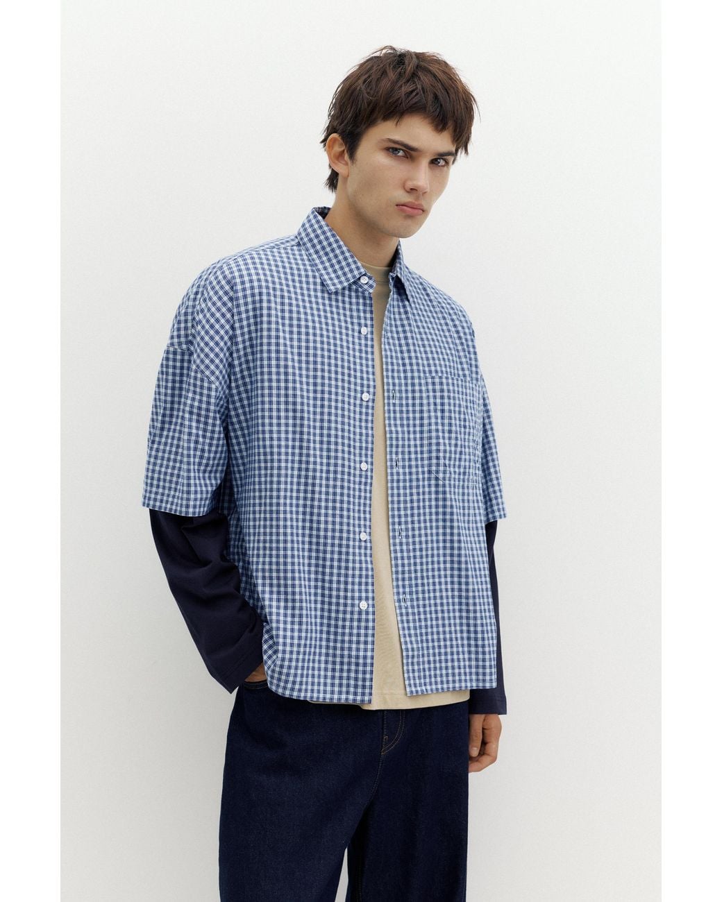 Pull&Bear Blue Check Double Sleeve Shirt for men