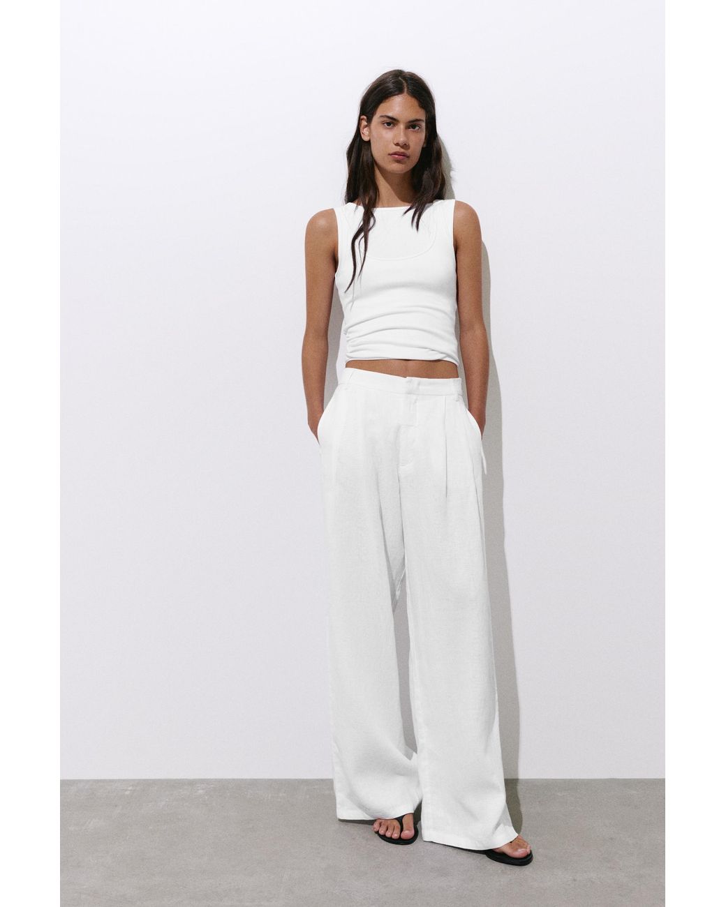 Pull&Bear Gray Wide-Leg 100% Linen Trousers