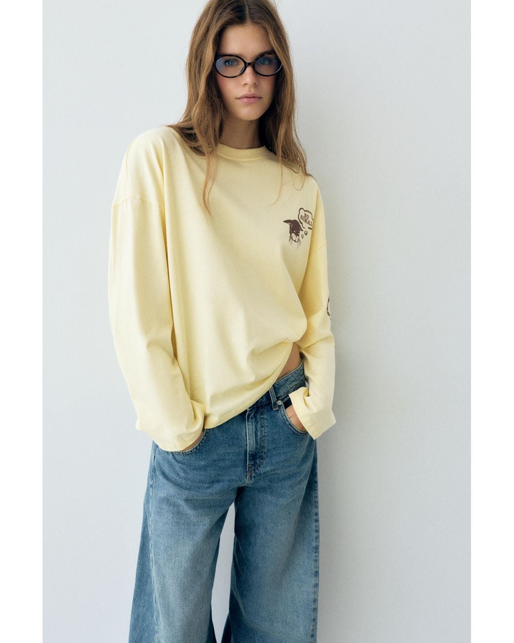 Pull&Bear Gray Oversize Cat Graphic T-Shirt