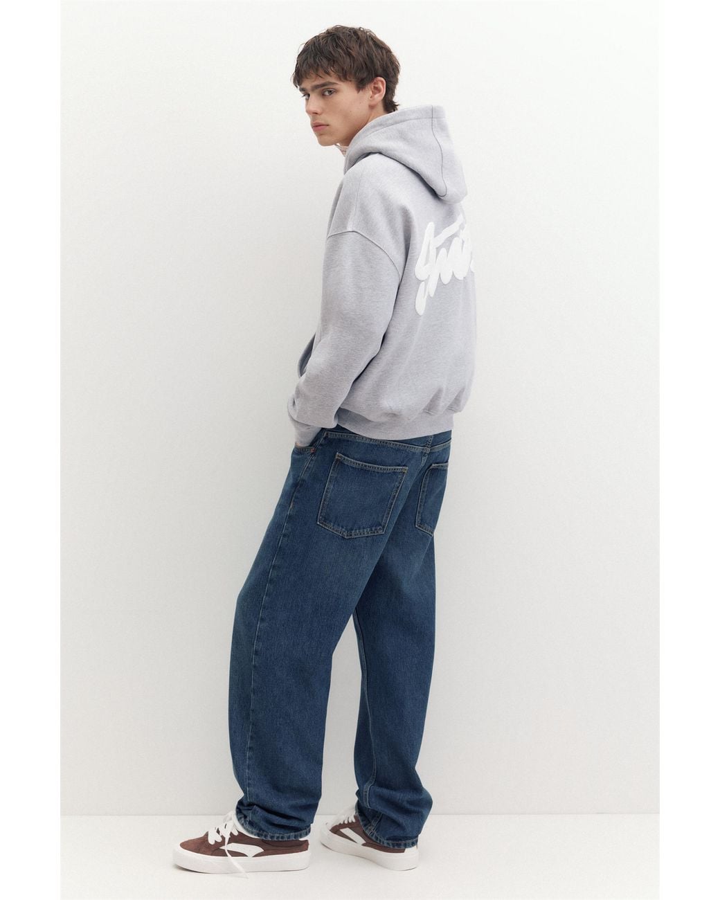 Pull&Bear Gray Stwd Logo Boxy Hoodie for men