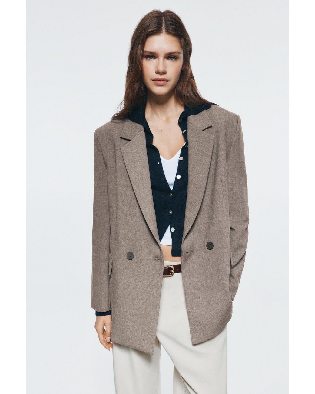 Pull&Bear Gray Double-Breasted Blazer