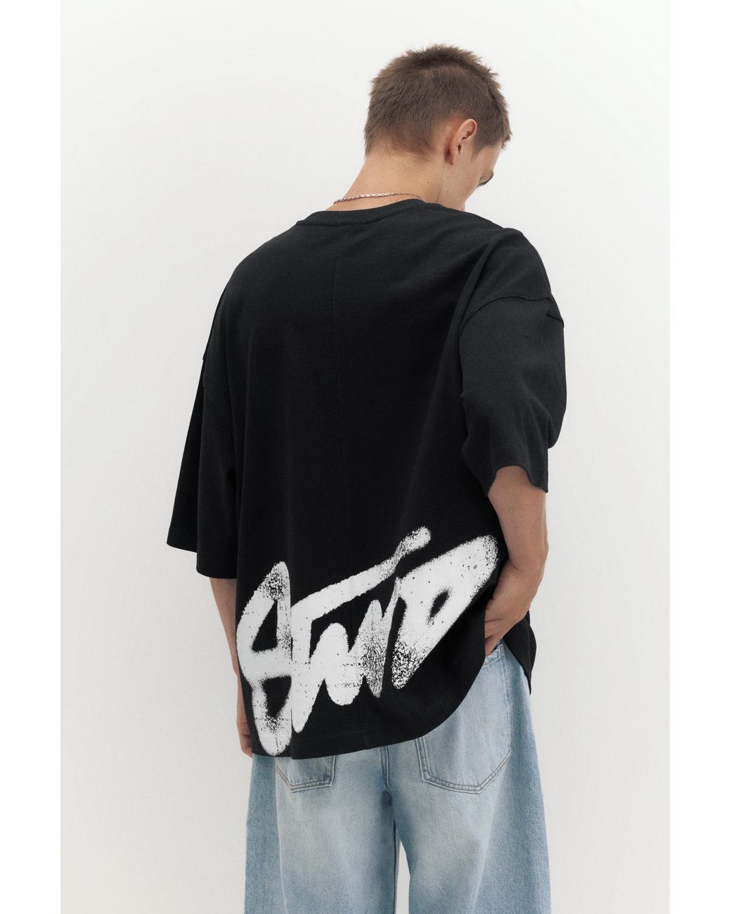 Pull&Bear Black Oversize Stwd T-Shirt for men