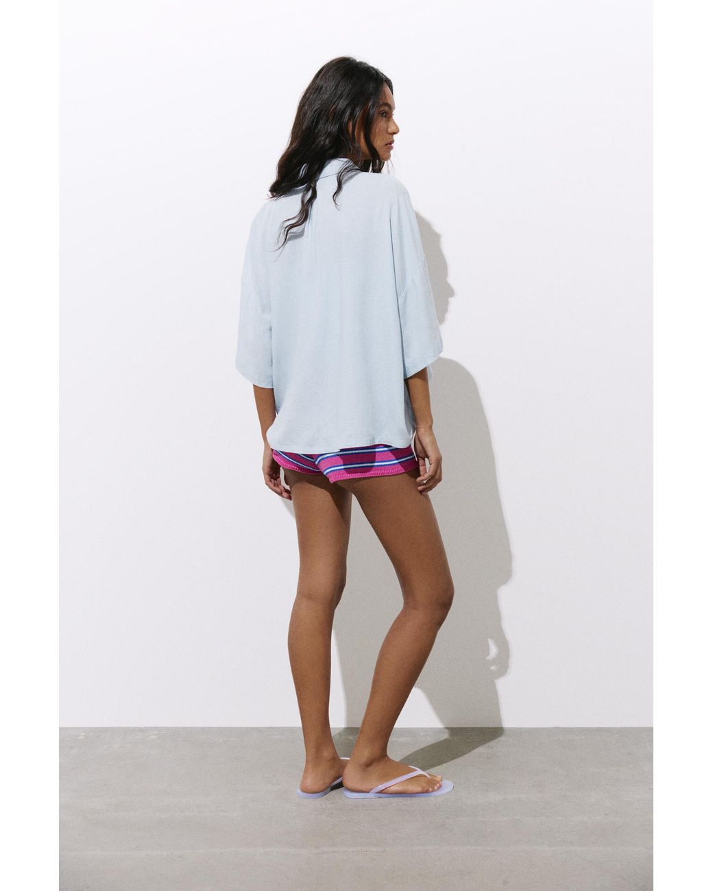 Pull&Bear Blue Short Sleeve Linen Blend Shirt