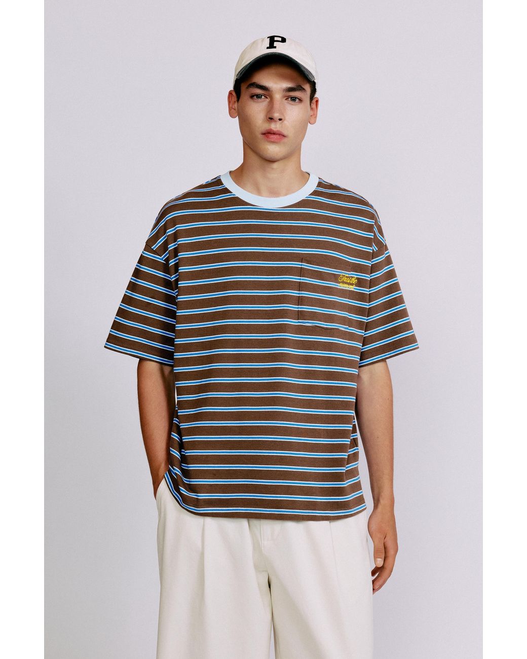 Pull&Bear Gray Striped T-Shirt With Text for men