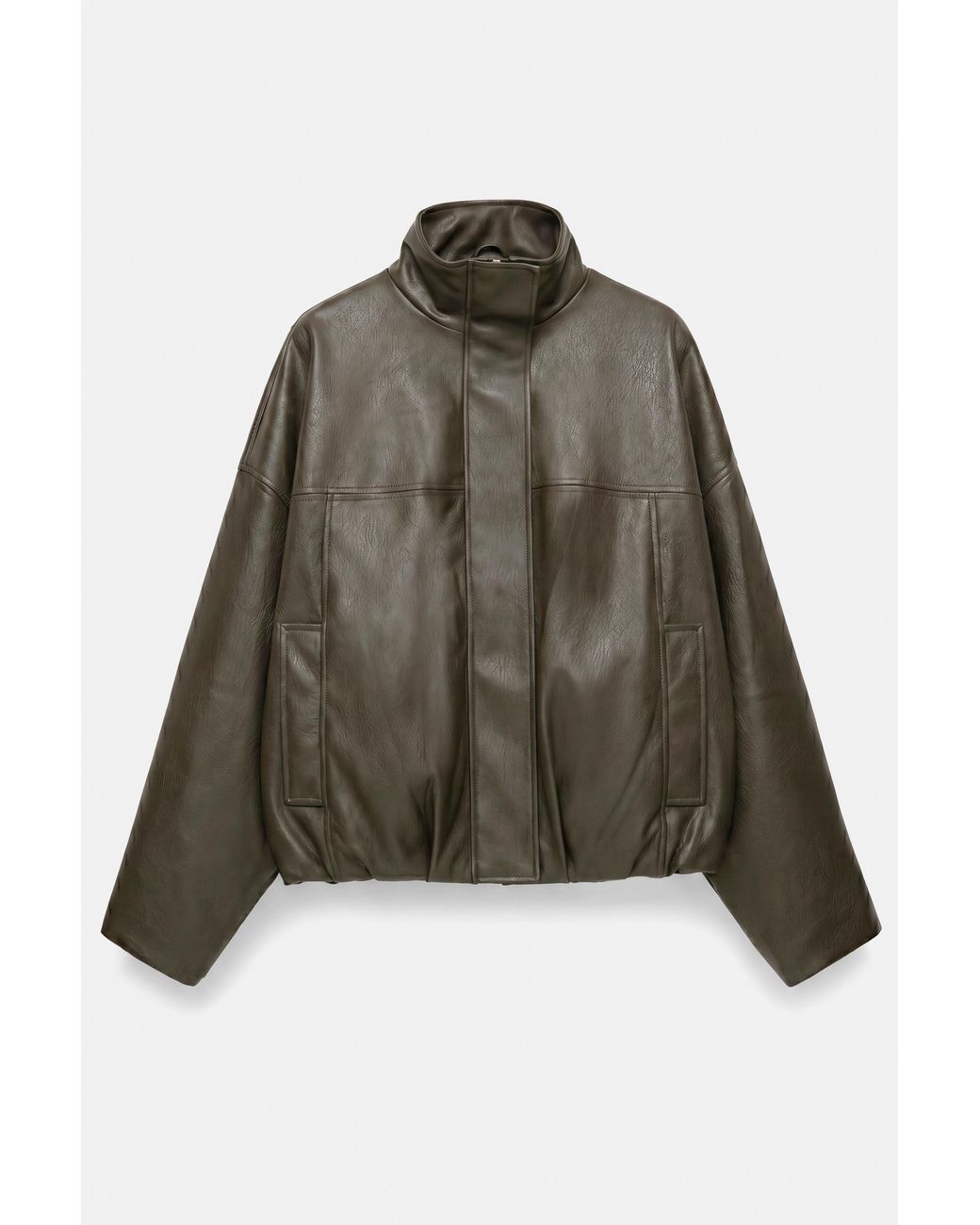 Pull&Bear Green Leather-Effect Balloon Bomber Jacket