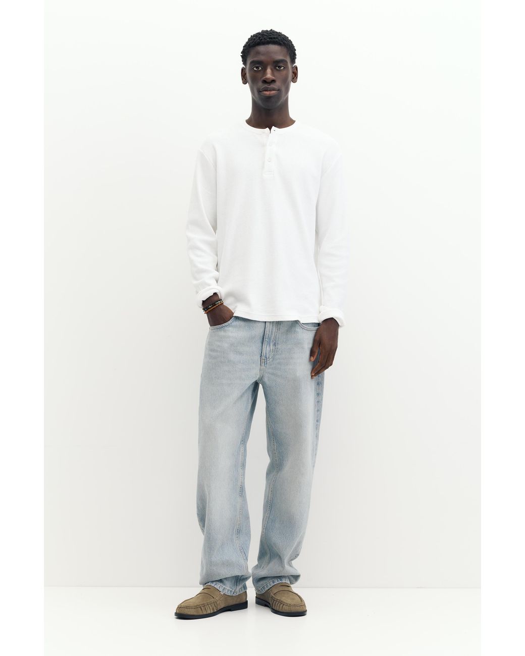 Pull&Bear Black Long Sleeve Henley T-Shirt for men