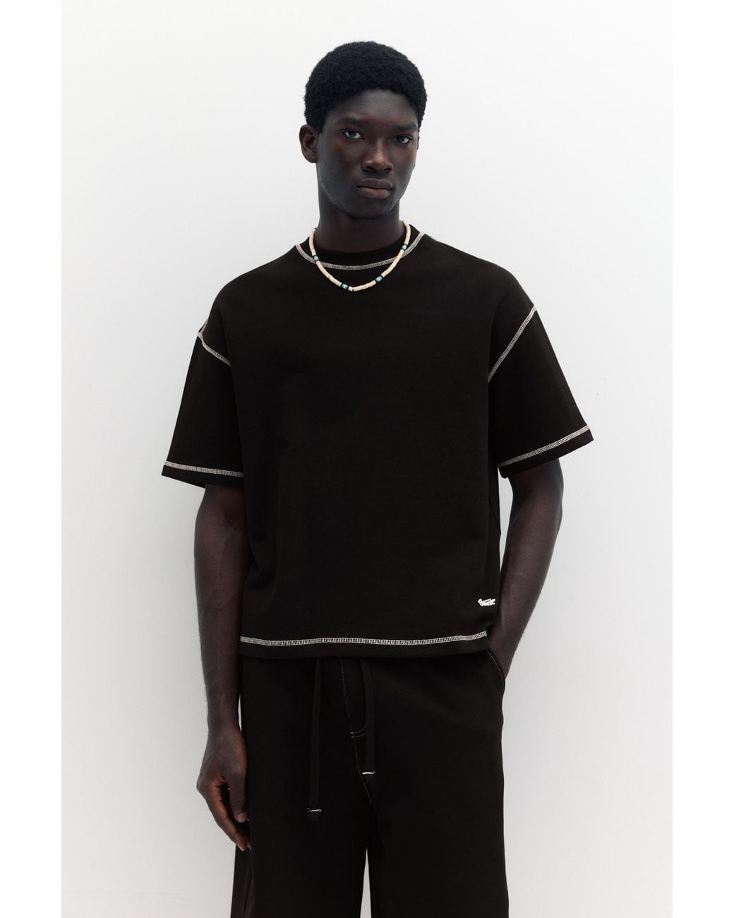 Pull&Bear Black Short Sleeve Stwd Seam Sweatshirt for men