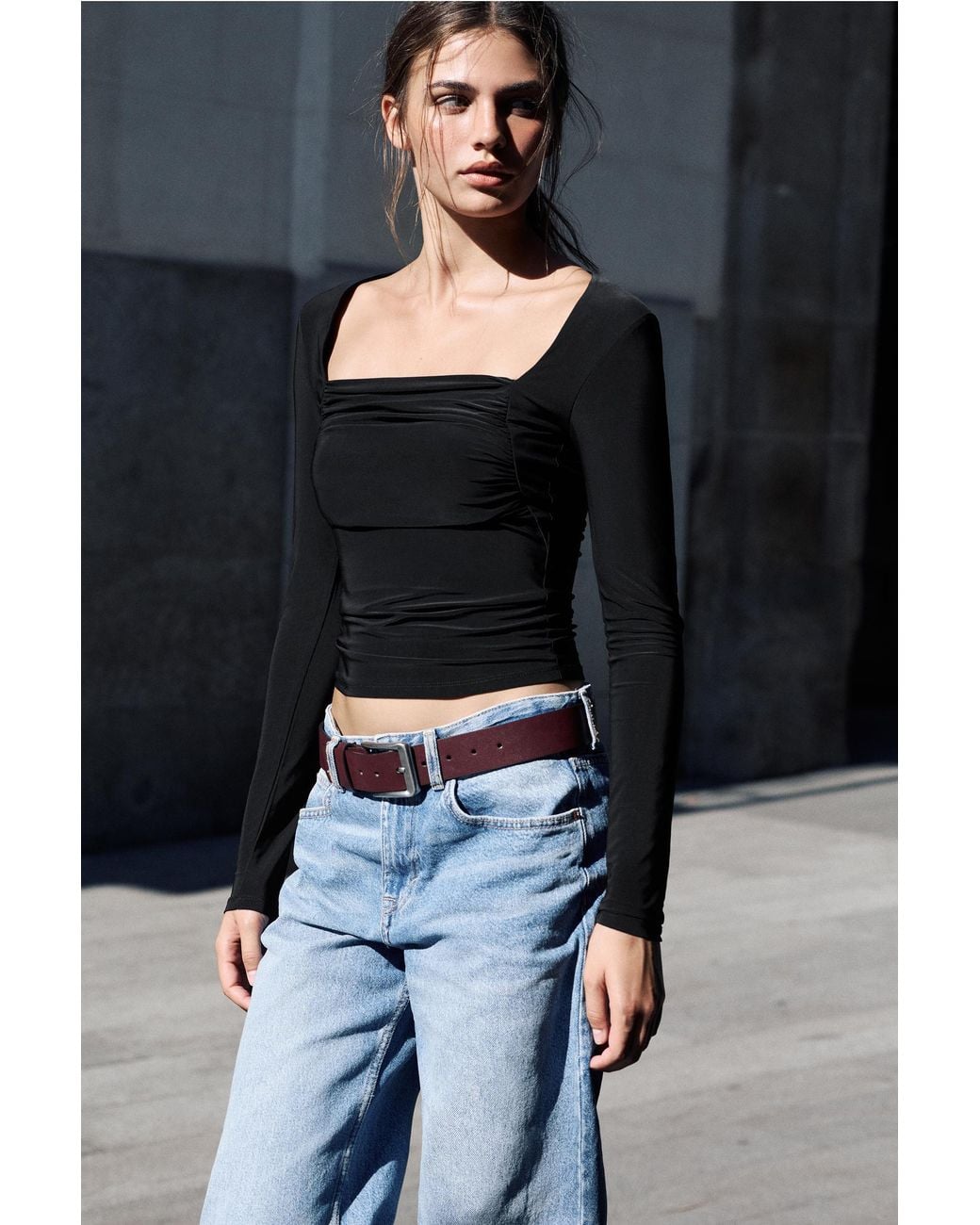 Pull&Bear Black Square Neckline Top With Gathered Detail