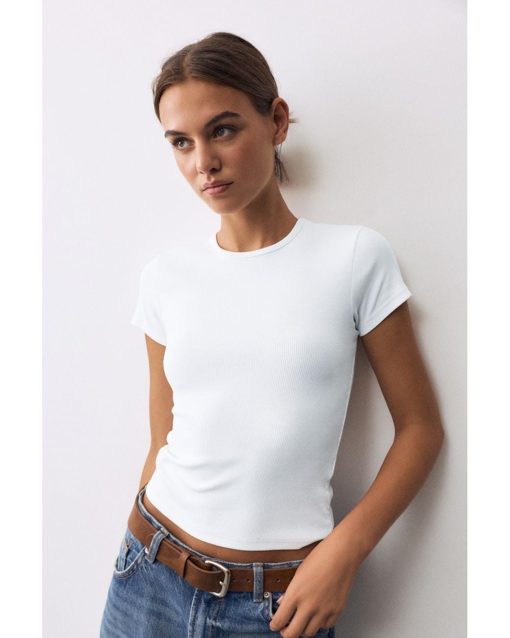 Pull&Bear White Ribbed Short Sleeve T-Shirt