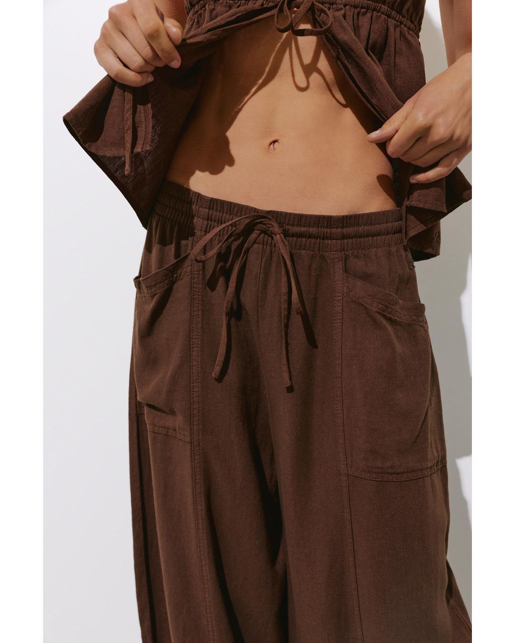 Pull&Bear Brown Barrel Leg Linen Blend Trousers