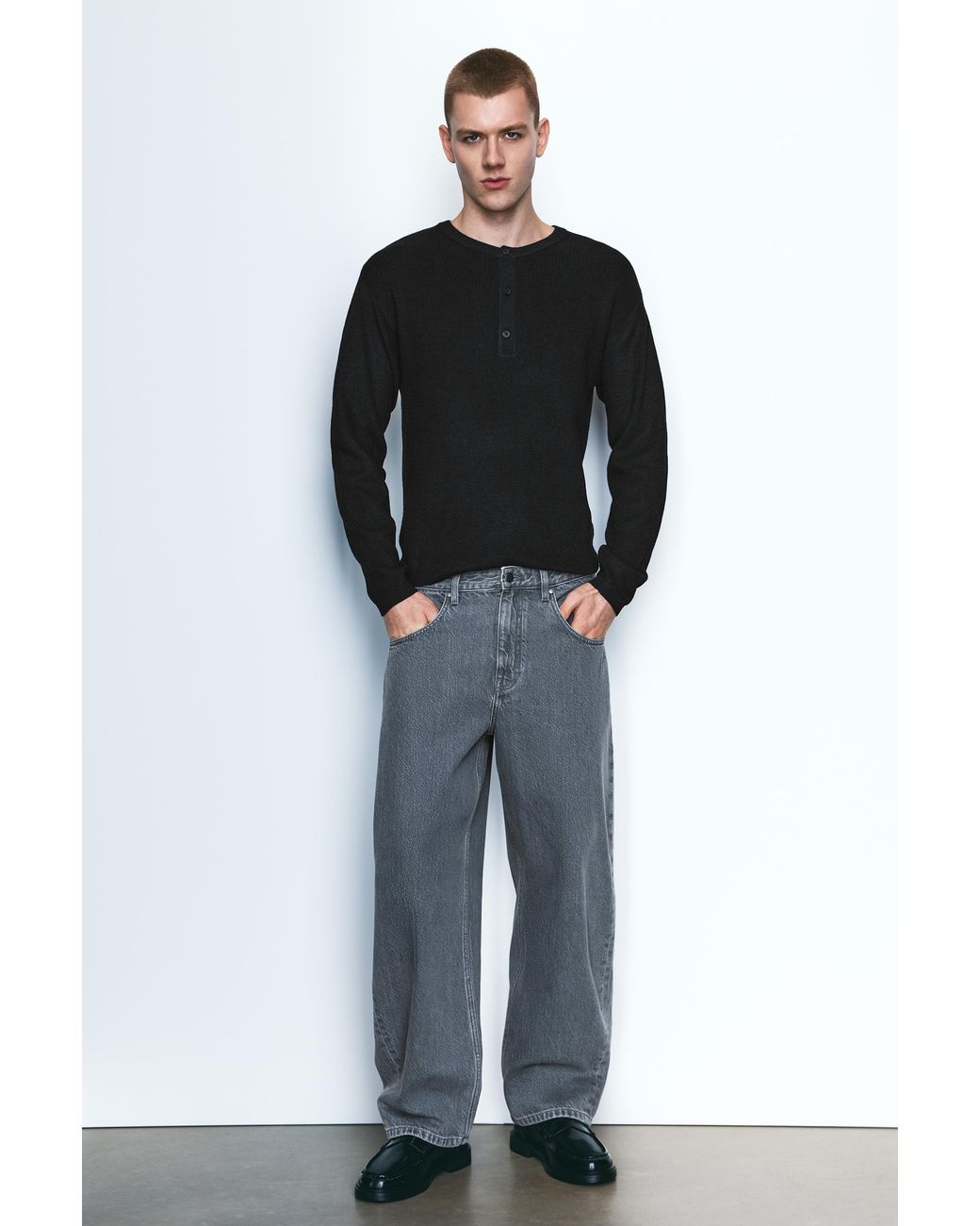 Pull&Bear Black Henley Collar Jumper for men